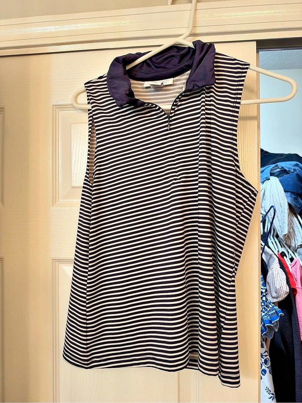 Sincerely Jules Golf & Tennis Striped Sleeveless Polo Black & White Medium